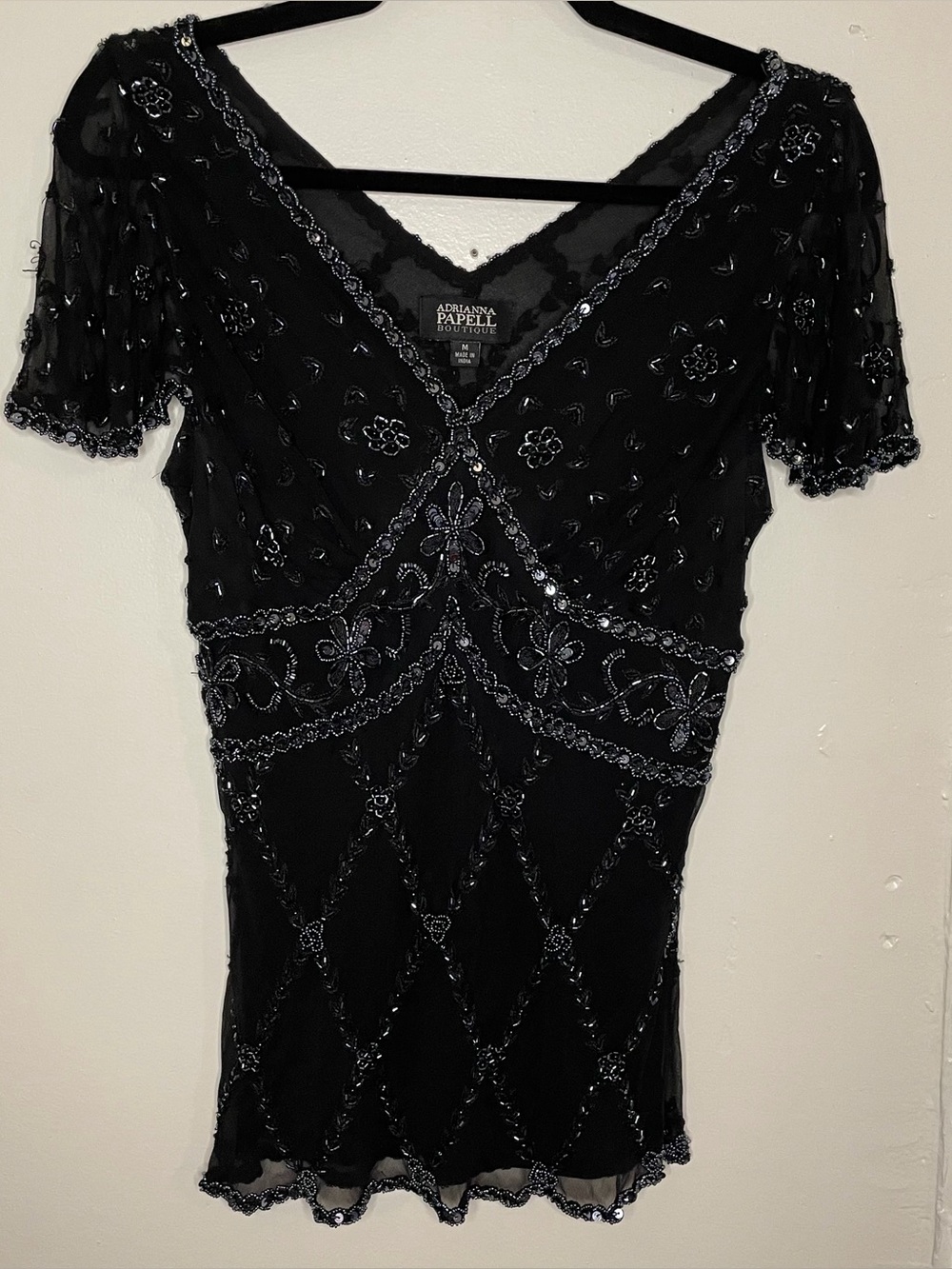 Adrianna Papell Vintage Black Beaded V-Neck Top - Picture 3 of 10